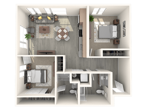 Floor plan for 2 beds, 2 baths, 981 sqft